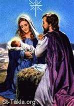 Mary and Joseph holding the baby Jesus with the Star of Bethlehem in the background