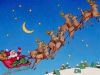 Picture of Santa in his sleigh in the night sky with a crescent moon behind him